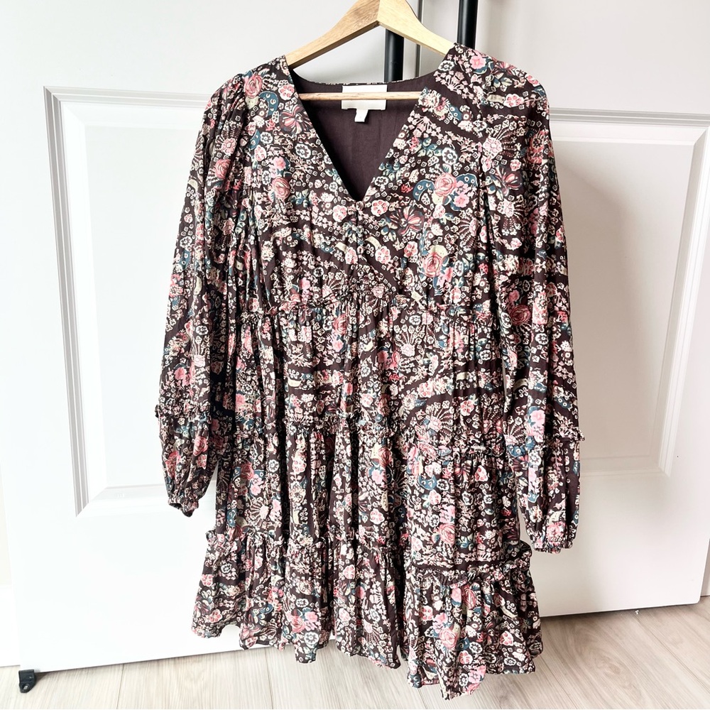 Cleobella Floral V-Neck Tiered Mini Dress Brown Pink & Teal Flowers Size S